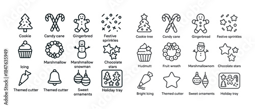 Festive cookie and candy cane icons with gingerbread and holiday