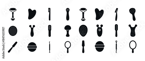 Silhouette icons of skincare beauty tools set on white backgroun