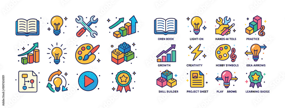 Fototapeta premium Colorful icon set: books, lightbulbs, tools, growth, creativity,