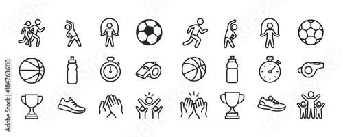 Sports icons set: athletes, equipment, symbols for fitness enthu
