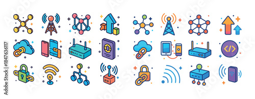 Colorful network and communication icons in cartoon style