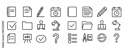 Minimalist office supply icon set with calendar, pencil, and doc