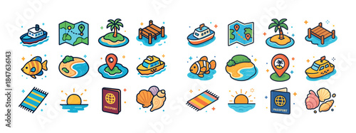 Cartoon summer travel icons: maps, boats, islands, fish, passpor