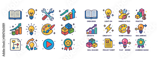 Colorful icon set: books, lightbulbs, tools, growth, creativity,