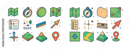 Colorful navigation and map icons collection with compass and te
