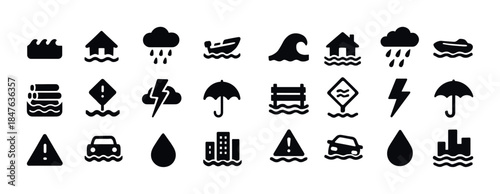 Black flood icons: weather, disaster, safety, warning, emergency