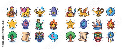 Colorful mythical and mystical icons featuring fantasy elements