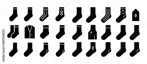 Variety of black sock icons with patterns and solid designs