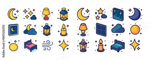 Whimsical night elements: moon stars clouds lanterns windows can