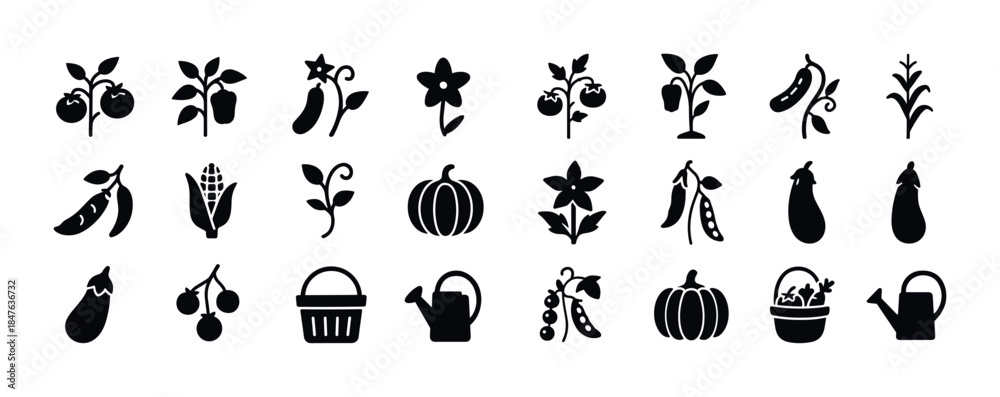 Naklejka premium Set of vegetable and gardening icons: tomatoes, corn, peas, eggp