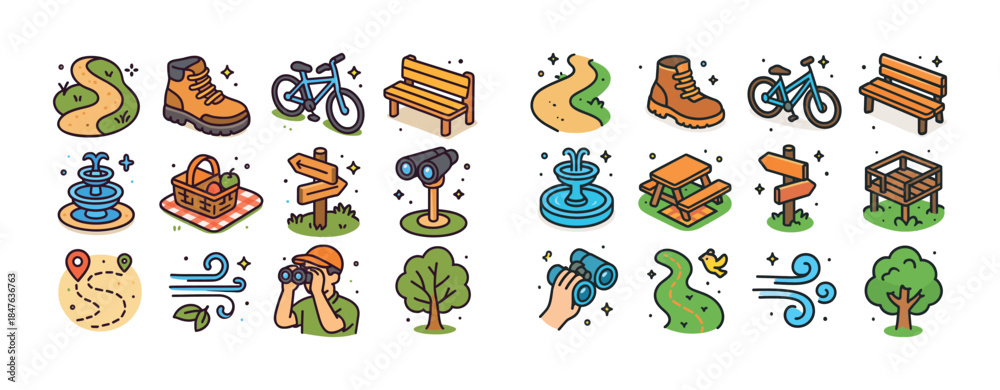 Obraz premium Outdoor activities icons collection: hiking, biking, picnic, nat