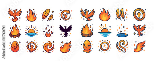 Collection of colorful fire and phoenix icons with flames, wings