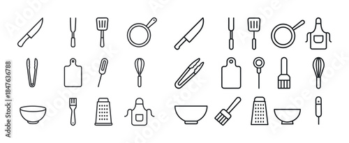 Outline icons of kitchen tools and utensils collection