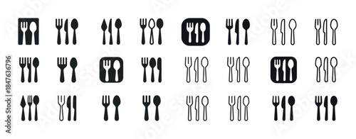 Diverse cutlery icon set: fork, knife, spoon symbols in various