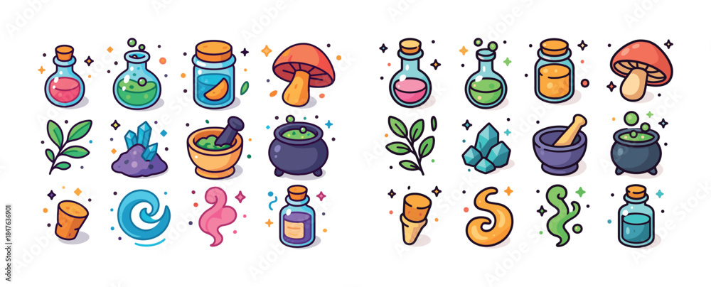 Fototapeta premium Colorful magic potions and ingredients with crystals and mushroo