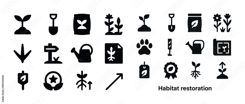 Fototapeta premium Habitat restoration icons: tools, plants, watering cans, growth