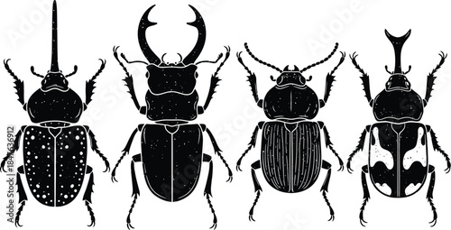 Four different black beetle silhouettes on beige