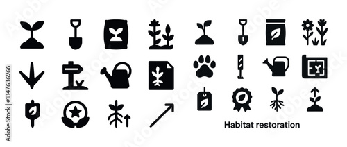 Habitat restoration icons: tools, plants, watering cans, growth