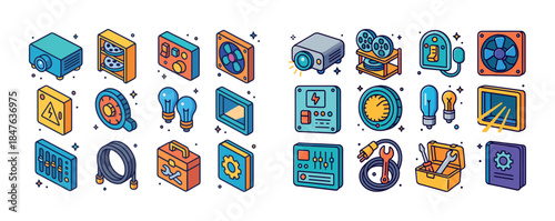 Colorful icons of electrical and electronic devices