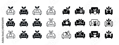 Black and white couch set with potted plants minimalist icons