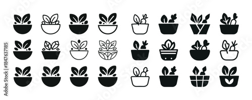 Collection of simple black and white potted plant icons in vario