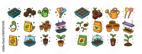 Colorful gardening icons: planting, watering, seedlings, pots, t