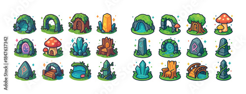 Colorful collection of fantasy game iconography featuring doors,