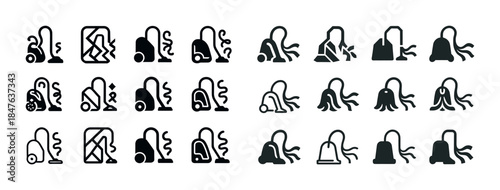 Vacuum cleaner icons set: outline and solid designs representing