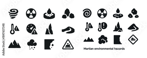 Martian environmental hazards icon set: storms, radiation, tempe
