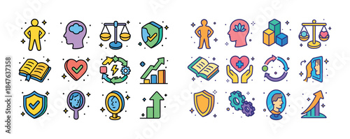 Colorful icons representing personal growth, health, and balance