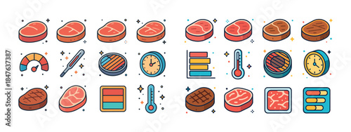 Colorful meat icons set with thermometer and cooking scale graph