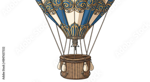 Ornate vintage hot air balloon with intricate blue and gold patterns, ready for adventure.