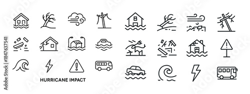 Minimalist black icons depicting hurricane impact and natural di