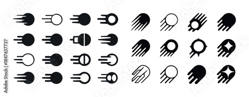 Abstract meteor icons set with dynamic motion lines in black and