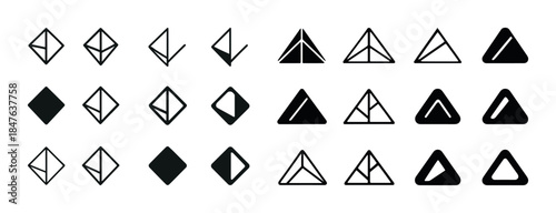 Geometric triangle and diamond icons set in various styles: mono
