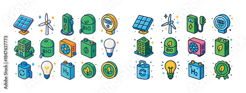 Eco-friendly energy icons featuring solar, wind, and sustainable
