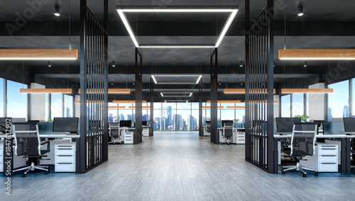 A modern open-space office interior featuring large windows, wooden flooring, contemporary desks, ergonomic office chairs, and stylish hanging lights. 3d illustration