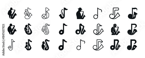 Collection of black and white jazz icon silhouettes and musical