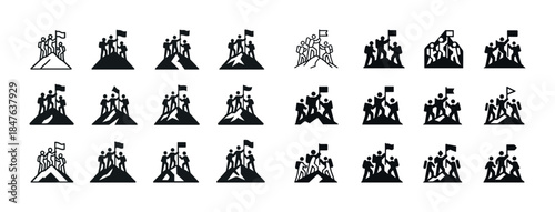 Leadership icons: diverse teams reaching peaks with victory flag