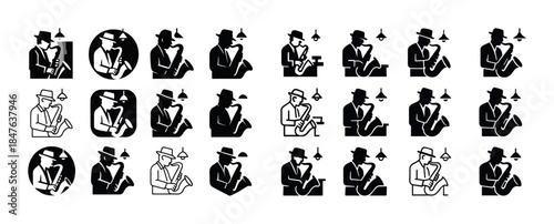 Jazz musician icons: playing saxophone in various poses and styl