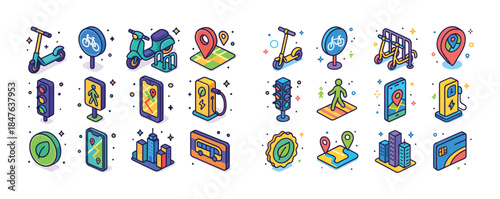 Isometric transport and eco technology icon set with scooters an
