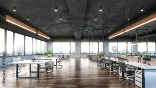 A modern open-space office interior featuring large windows, wooden flooring, contemporary desks, ergonomic office chairs, and stylish hanging lights. 3d illustration