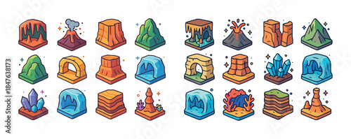 Colorful cartoon natural landform icons set