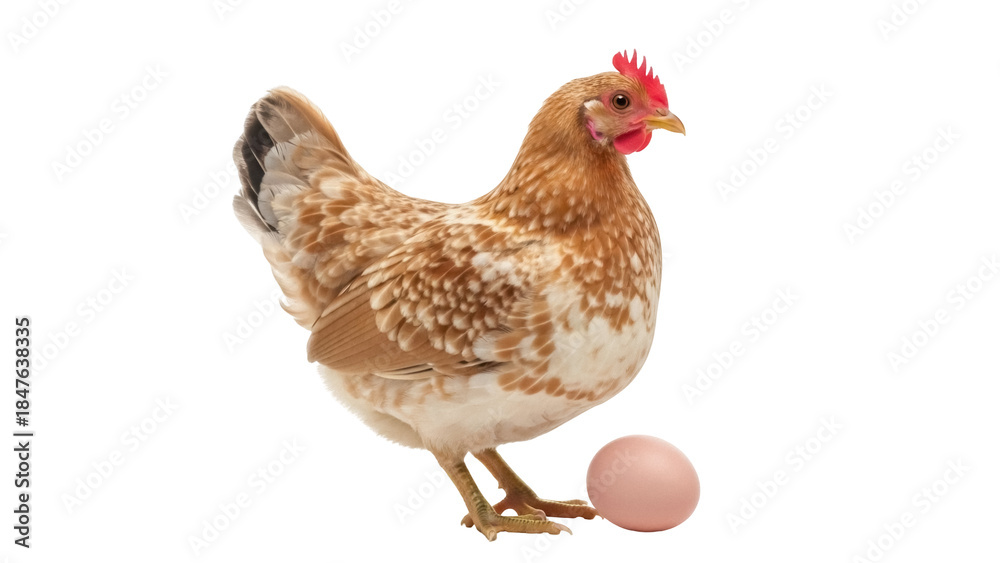 Fototapeta premium Isolated chicken with an egg concept image, brown hen standing, light coloring, beautiful farm bird