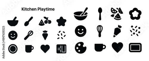 Kitchen playtime icon set: utensils, food, and playful shapes