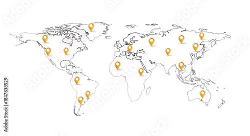 Global network of locations marked on a world map, symbolizing connectivity and reach