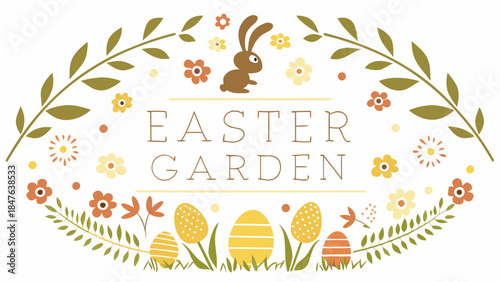 Easter garden scene with bunny and colorful eggs