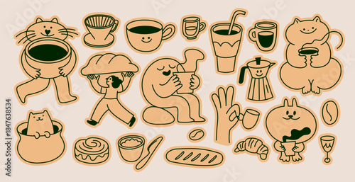 Vector set of sketchy doodle badges and sticker for specialty coffee shop and bakery, cafe concept, cartoon mascots and characters