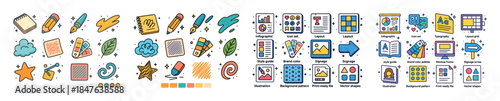 Hand-drawn office and design icons set with colorful sketch elem