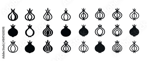 Collection of black onion bulb icons in geometric styles